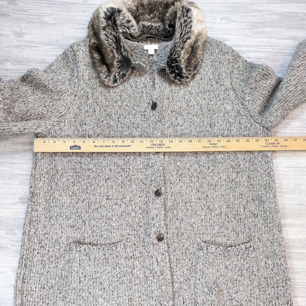 J Jill Women's Tweed Cardigan Sweater Coat Long Cardigan Faux Fur Collar XL - Picture 9 of 12